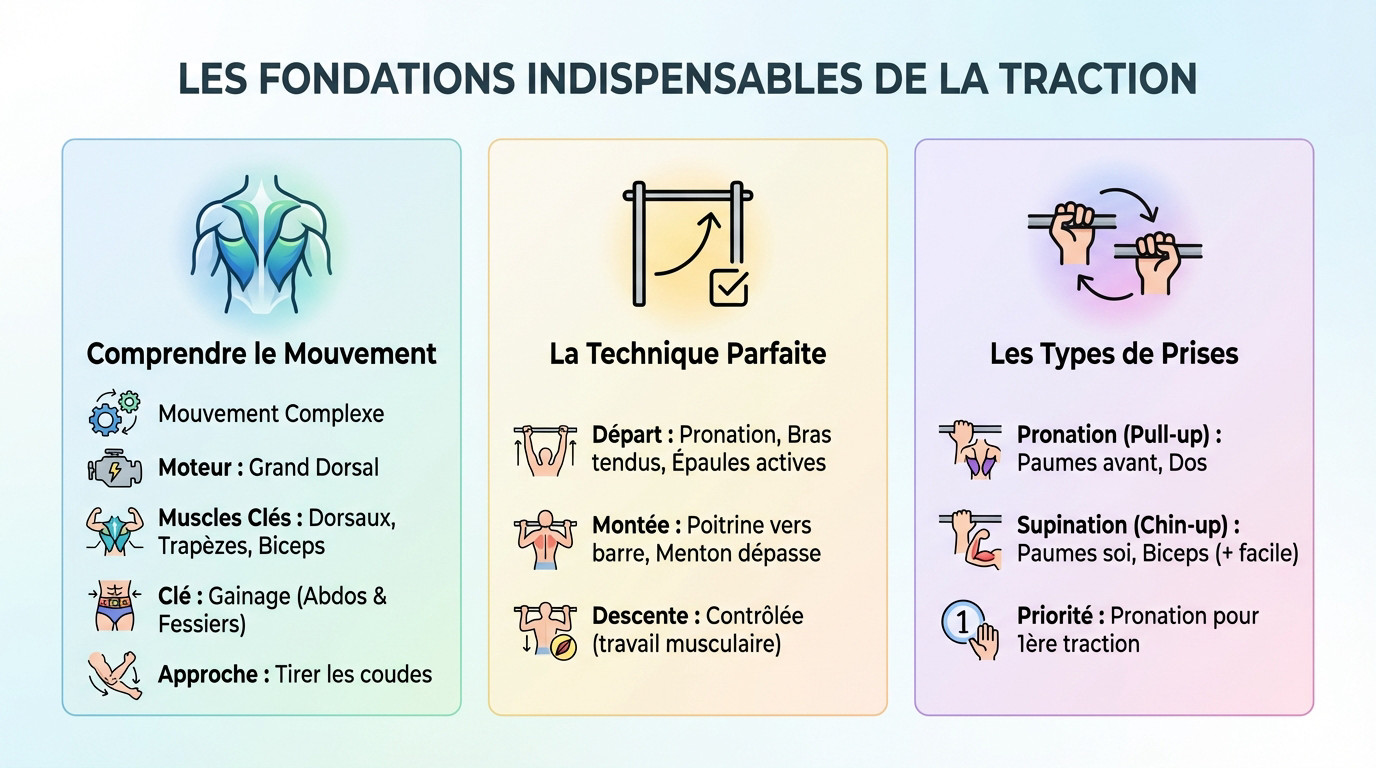 Schéma montrant les muscles du dos sollicités et la position correcte pour une traction