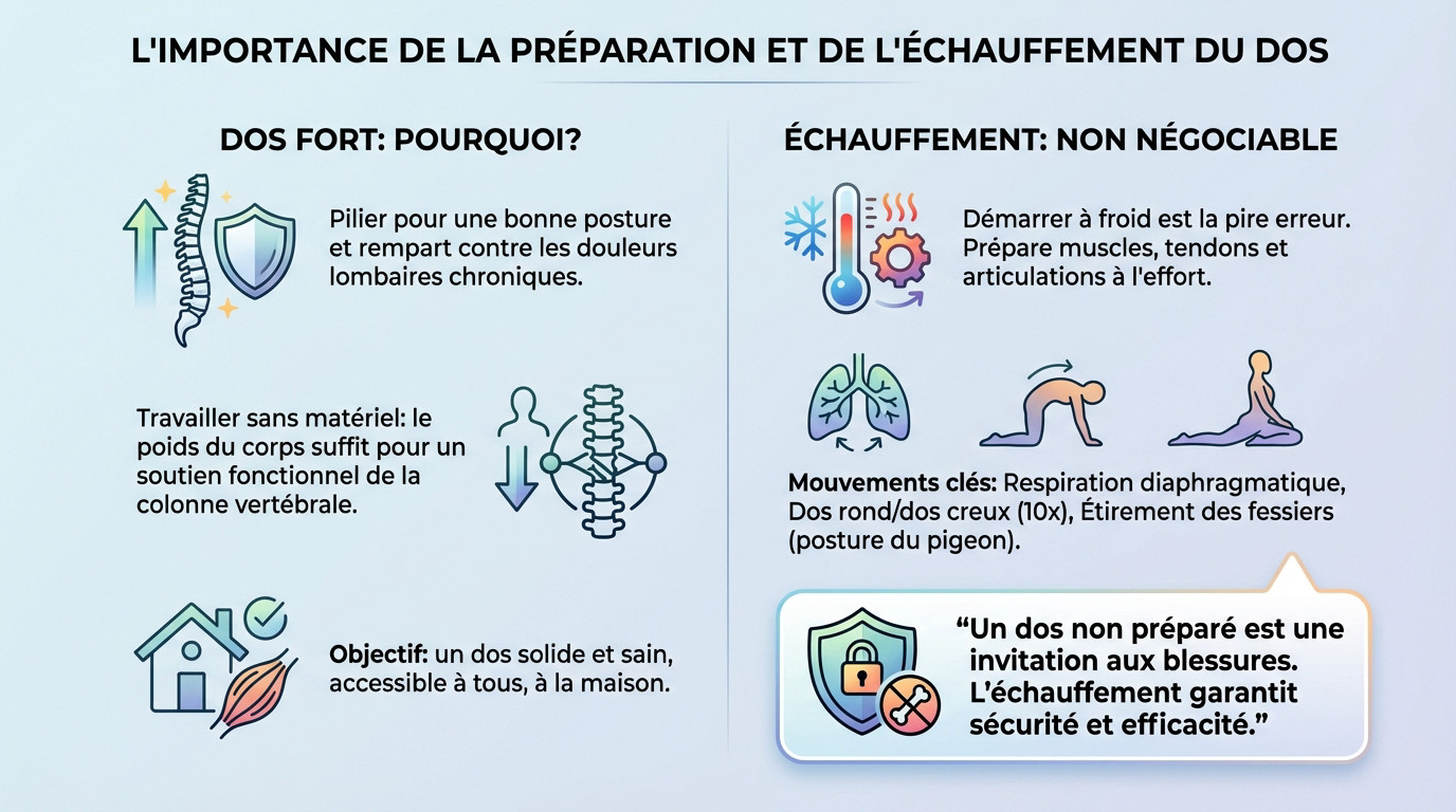 Exercice d'échauffement du dos au poids du corps pour éviter les blessures